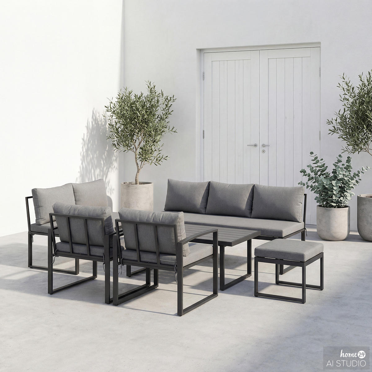 LOUNGESET - 3-teilig - Eisen / Webstoff - Grau / Anthrazit - Schwarz/Grau, Kunststoff/Textil - home24