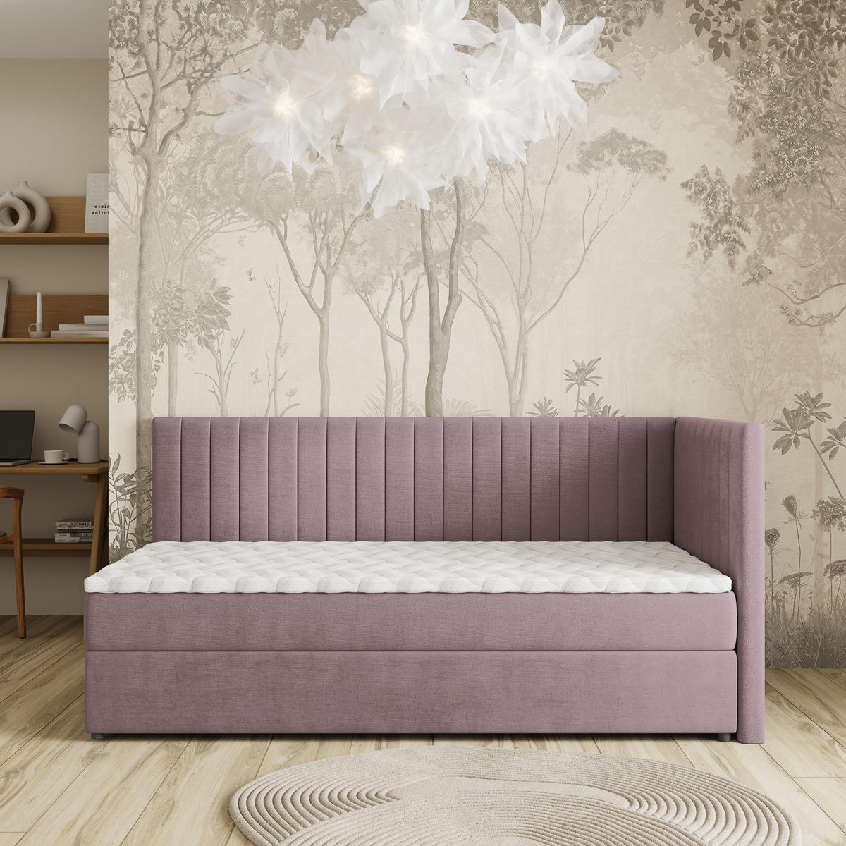 BOXBETT ARIS 80x200 cm mit Matratze und Topper, H2+H3 - Rosa - Rosa, Holz (80/200cm) - MASSENO