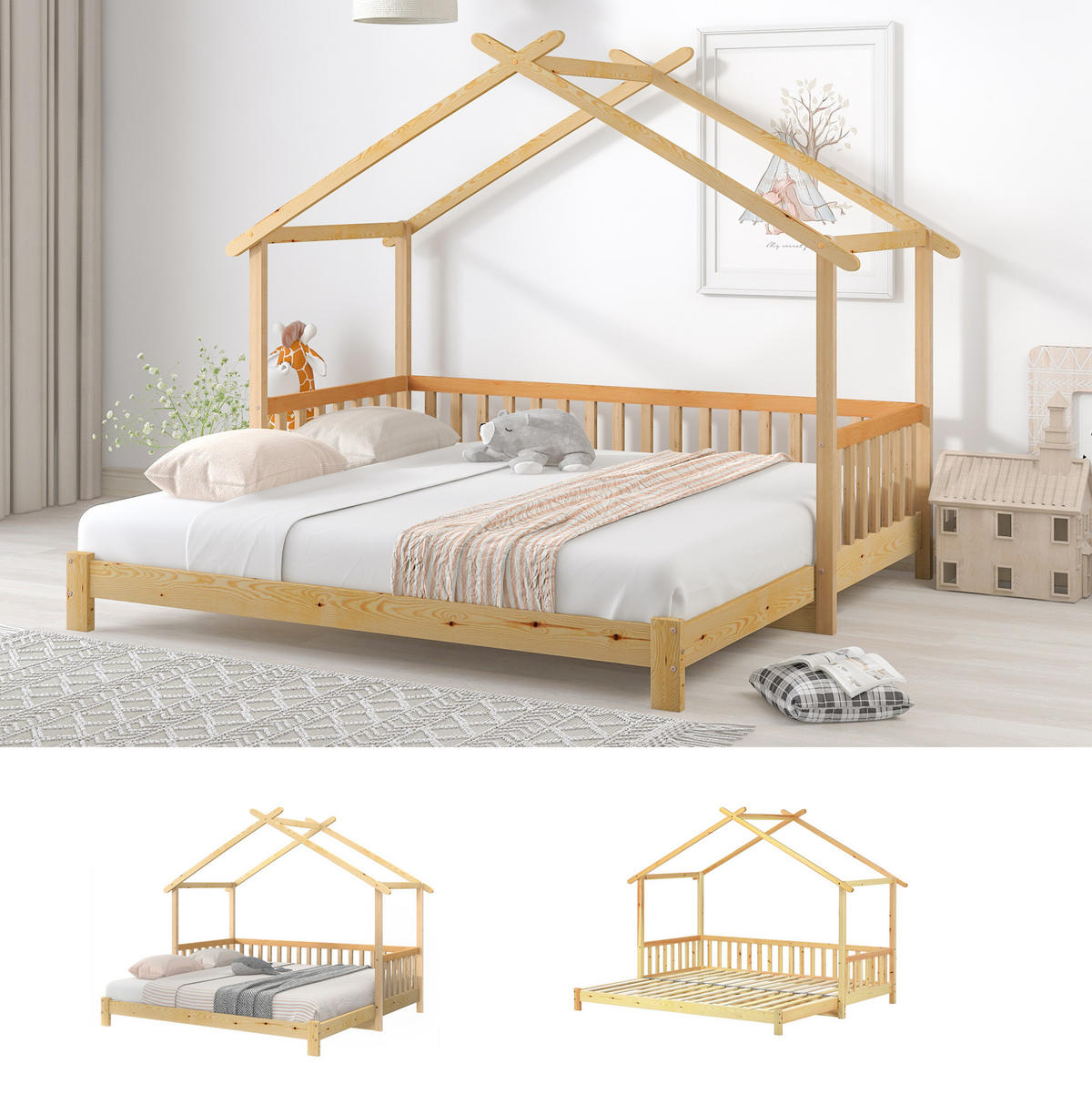 HAUSBETT 90/180/200 cm Natur aus massivem Kiefernholz ausziehbar - Naturfarben, Holz (90/200cm) - OKMYHOME