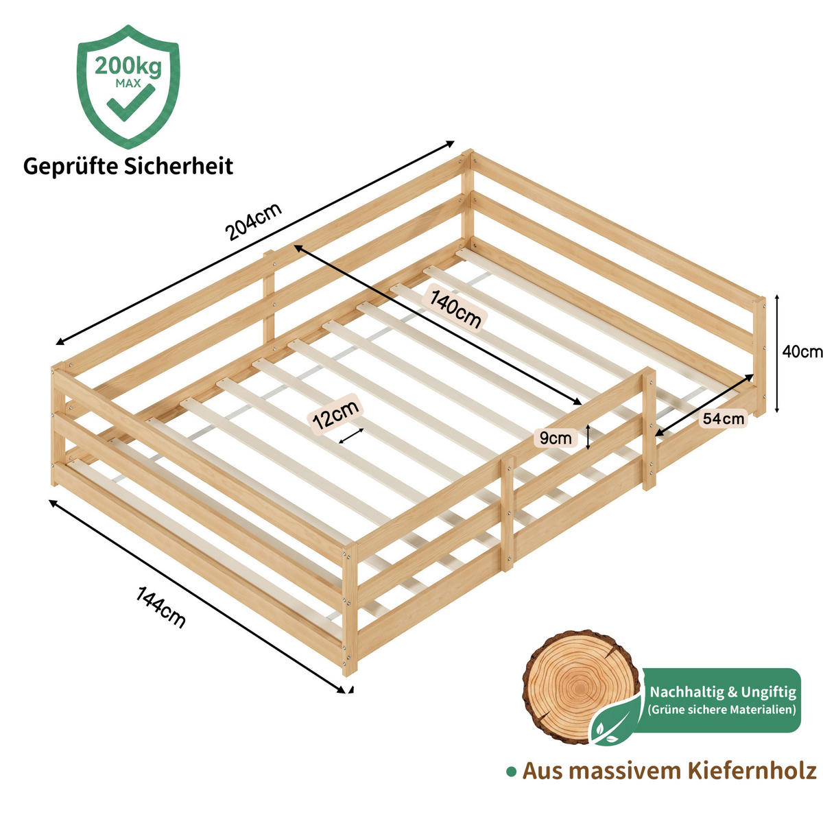 KINDERBETT 140/200 cm mit 4-Seiten-Umrandung und Lattenrost, niedriger Einstieg ohne Matratze - Naturfarben, Holz (140/200cm) - MIVRAY