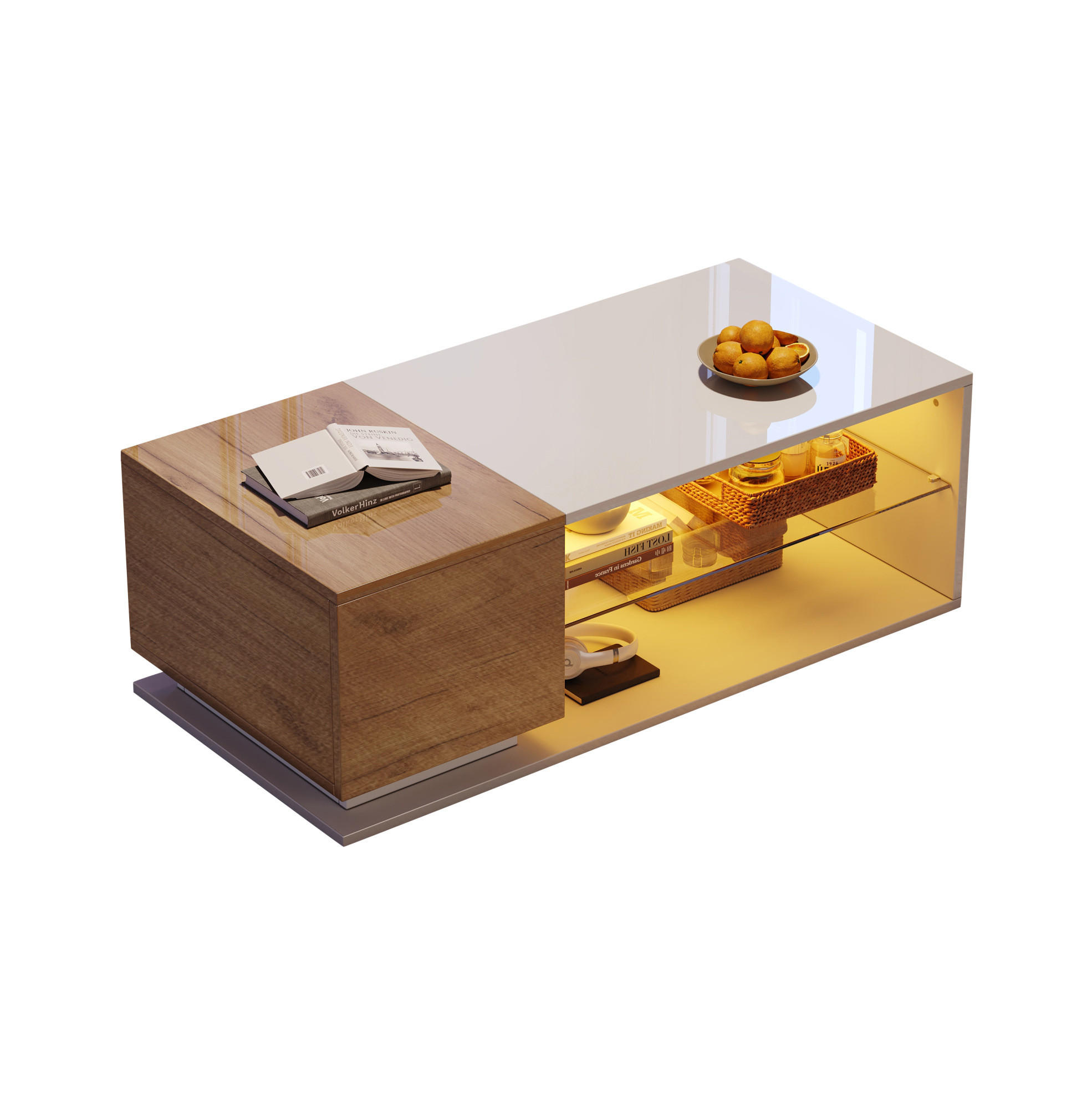 COUCHTISCH 105/50/36 cm mit LED-Beleuchtung, Stauraum und Hochglanzoberfläche, Weiß/Holzfarbe - Weiß, Holzwerkstoff (105/50/36cm) - Modfu