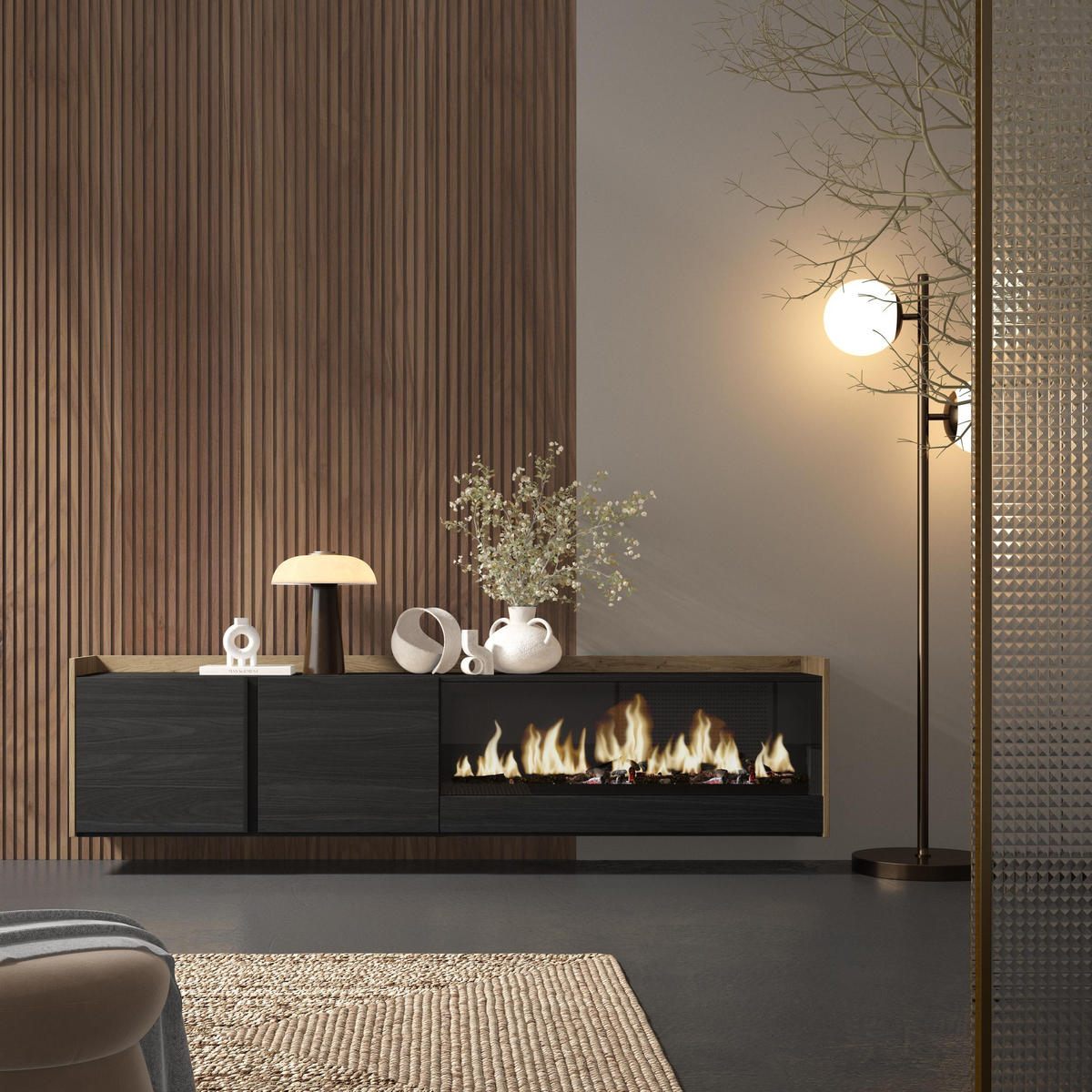 LOWBOARD, Schwarz und Eiche, 212/35/50cm, Kamin mit Feuereffekt XXL - Schwarz, Holzwerkstoff (212/50/35cm) - Skraut Home