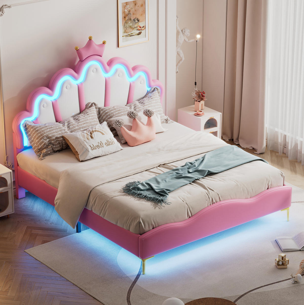 DOPPELBETT aus Kunstleder 140x200 cm Rosa mit LED-Beleuchtung und Kronen-Kopfteil - Rosa, Kunststoff (140/200cm) - IVMEU