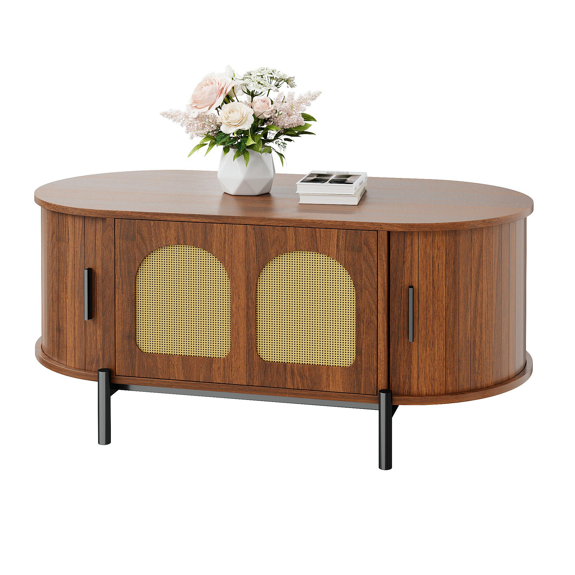 COUCHTISCH 100/50/40 cm nussbaum aus MDF mit Rattan-Schiebetüren und Stauraum - Walnussfarben, Holzwerkstoff (50/100/40cm) - OKWISH