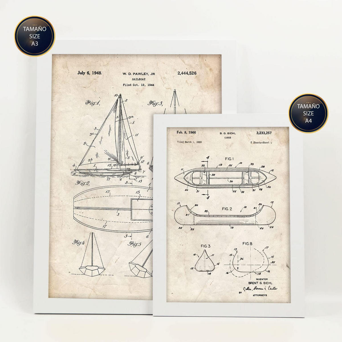 POSTER Set Mit 6 Plakaten Mit Boot Patenten Im Vintage Stil A3 & A4 Weißer Rahmen - Weiß, Papier (29/3cm) - Nacnic