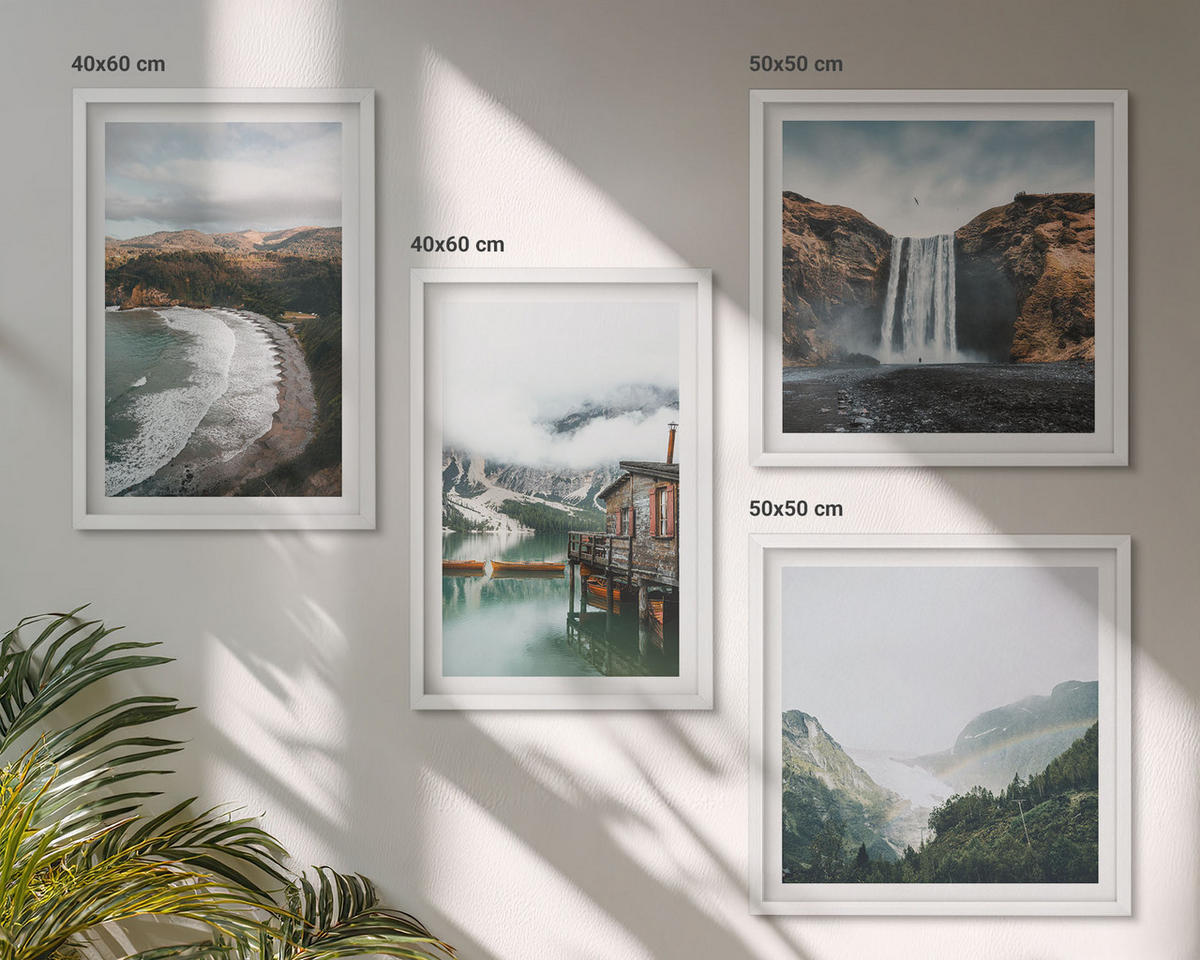 WANDBILDER 4er-Set - 50x50 cm & 40x60 cm Weißer Rahmen - Bergstrände Wolken Wasser - Weiß, Kunststoff (50/50cm) - ArtPrintCave