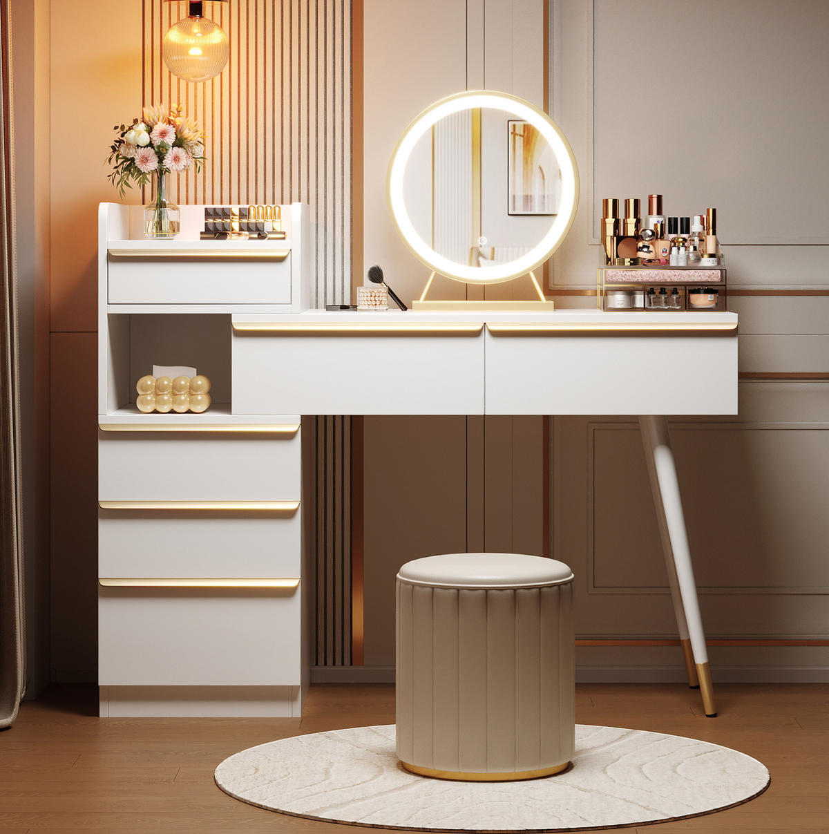SCHMINKTISCH 100/41,5/102 cm in Weiß mit LED-Spiegel und 6 Schubladen - Weiß, Holzwerkstoff (41.5/102/100cm) - Flora Grace