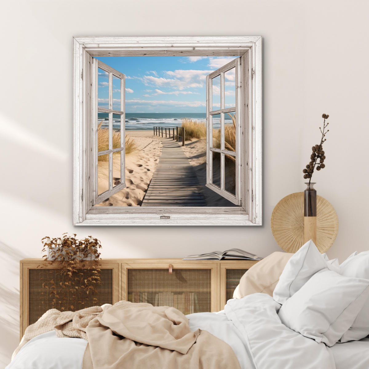KOVOVÝ OBRAZ Okno - more - pobrežie - príroda - výhľad - pláž - Waddenské more 90x90 cm - béžová, kov (90/90cm) - MuchoWow