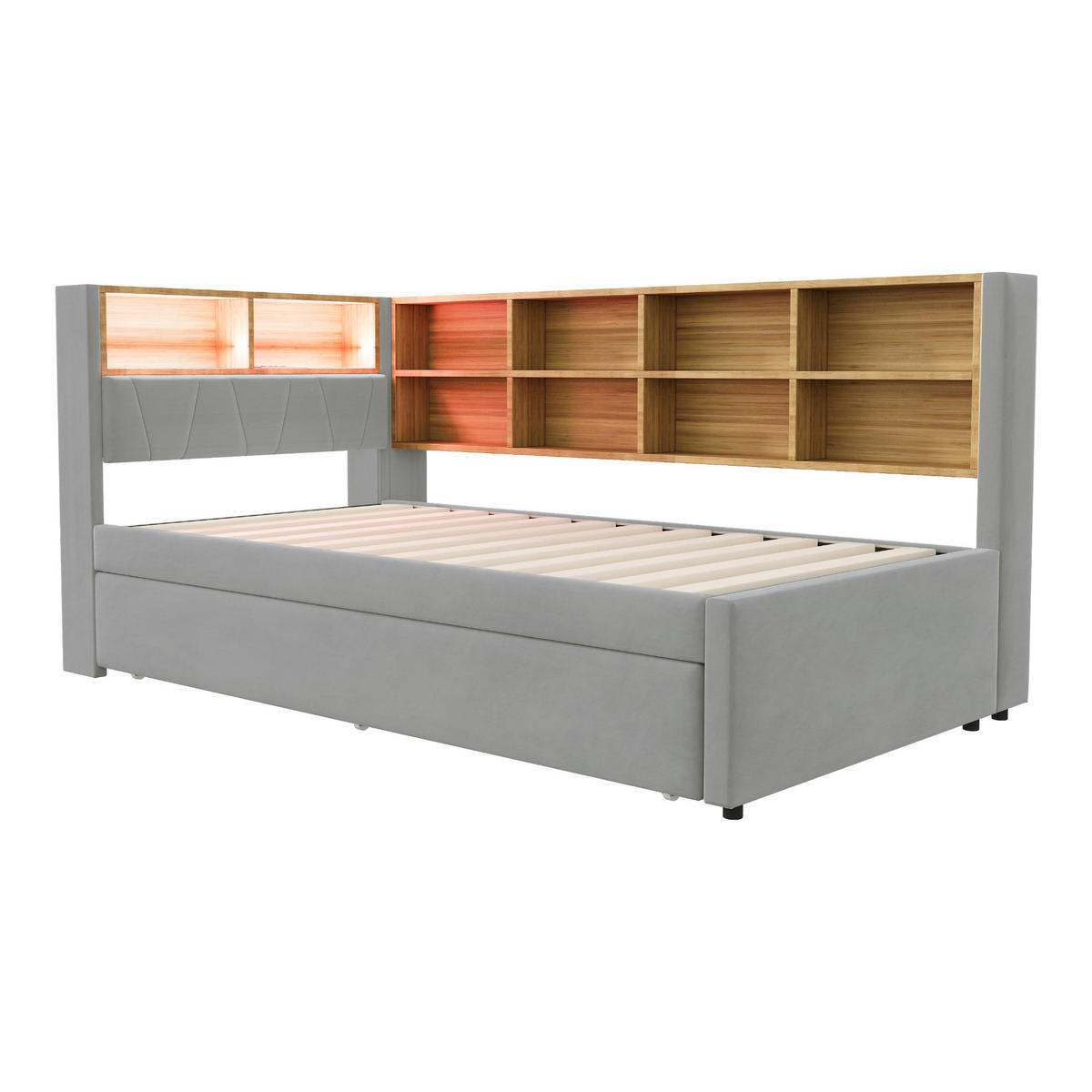 BETT mit Ausziehbett 90/200 und 90/190 cm mit LED-Beleuchtung und Ladeanschlüssen Flanell Hellgrau - Hellgrau, Textil (90/200cm) - OKWISH