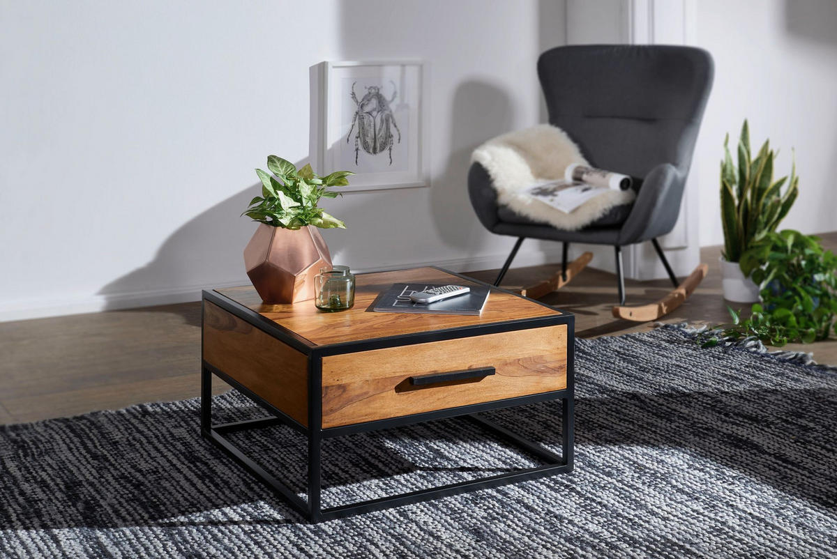 COUCHTISCH Industriestil, Metall und Holz, mit Schublade, 50 kg Tragkraft - Schwarz/Braun, Holz/Metall (65/65/38cm) - KADIMA DESIGN