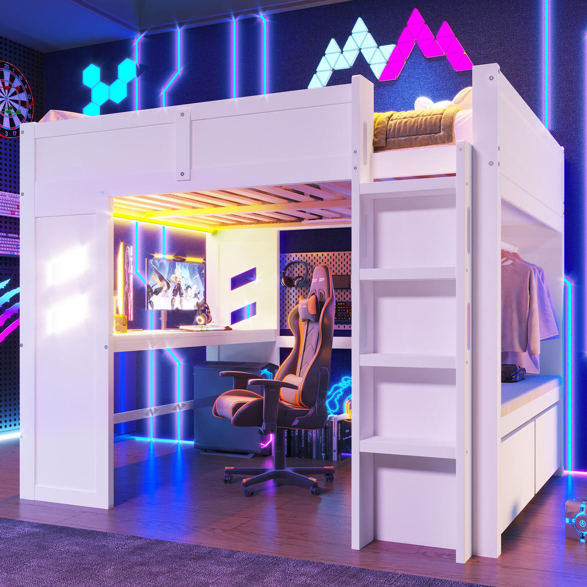 HOCHBETT 140x200cm Weiß Gaming Schreibtisch LED-Licht USB-C - Weiß, Holz (140/200cm) - FLIEKS