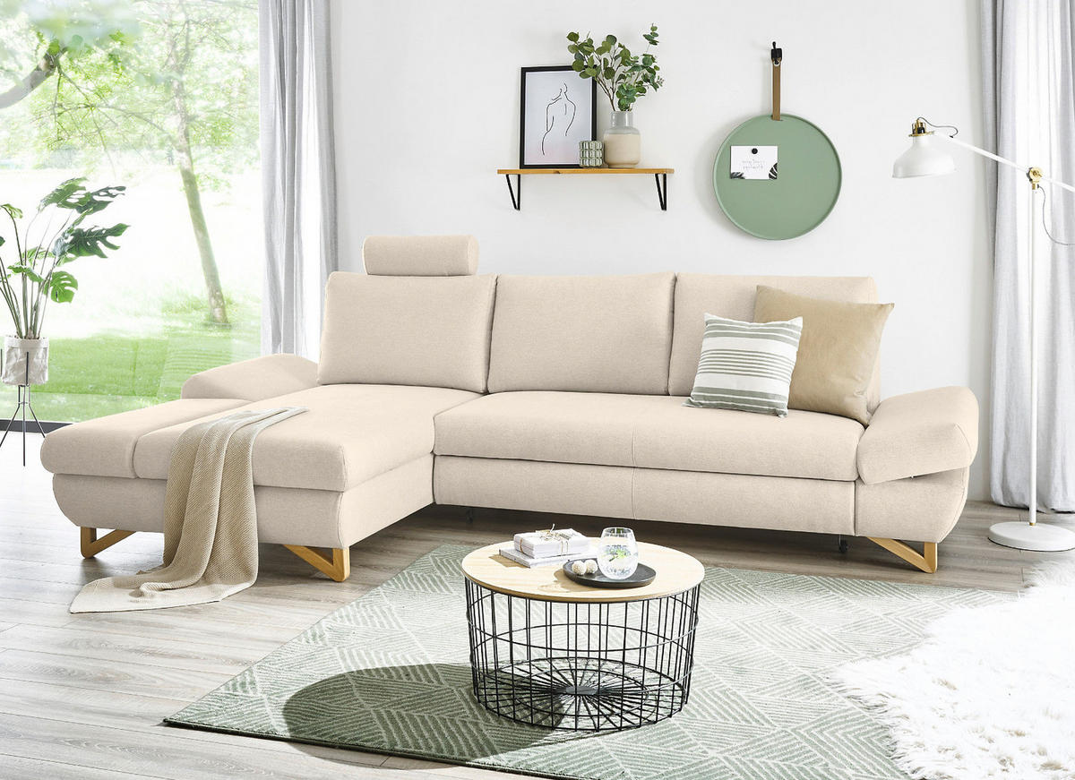 ECKSOFA creme Velours, Sofa mit Bettfunktion und Stauraum - Creme, Holz/Textil (166/284cm) - Furn.Design