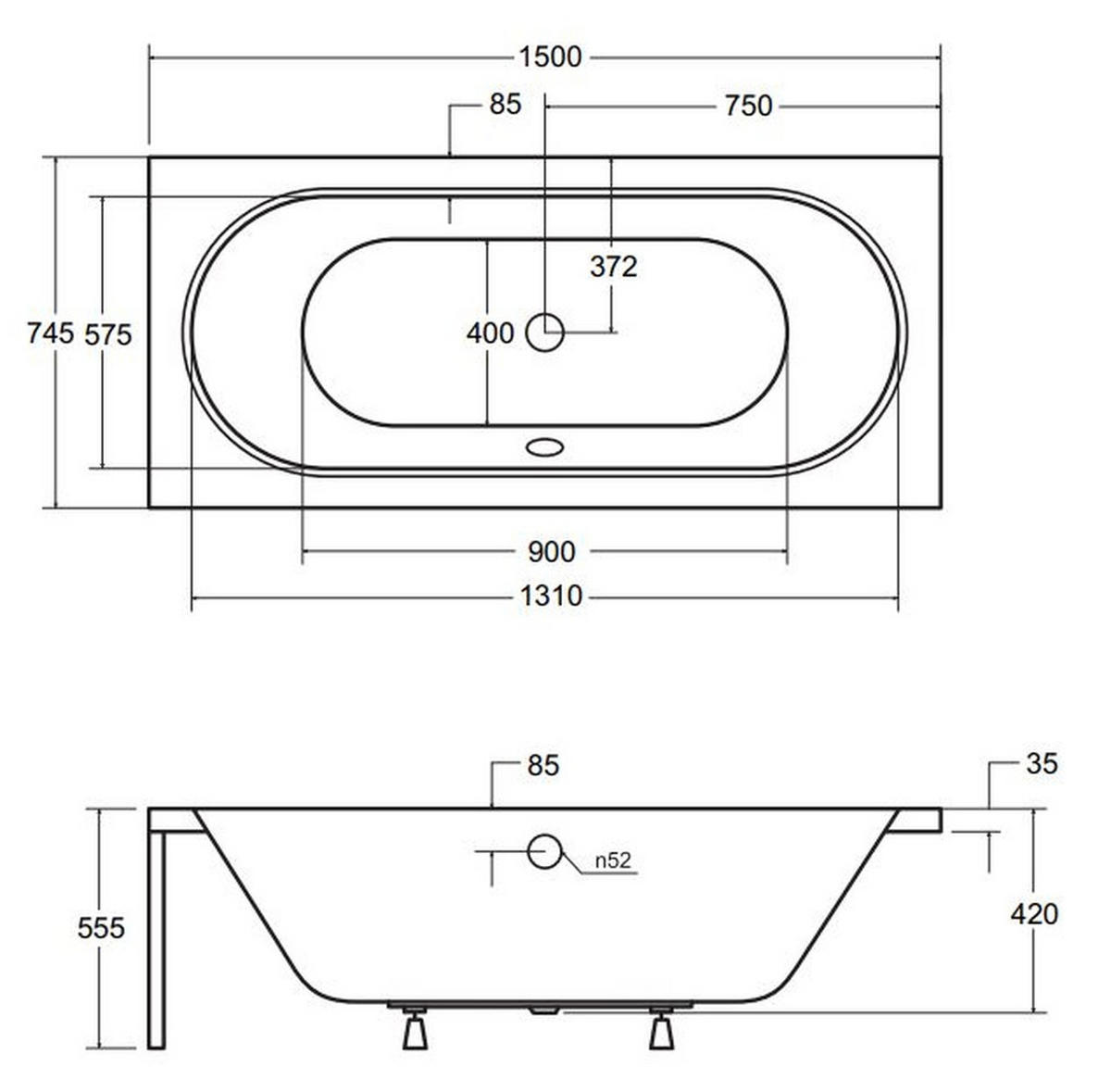 BADEWANNE Rechteck VITAE 150/75 + Schürze + Kopfstütze + Ablage Ablauf Füße - Weiß, Kunststoff (75/55.5/150cm) - bad land
