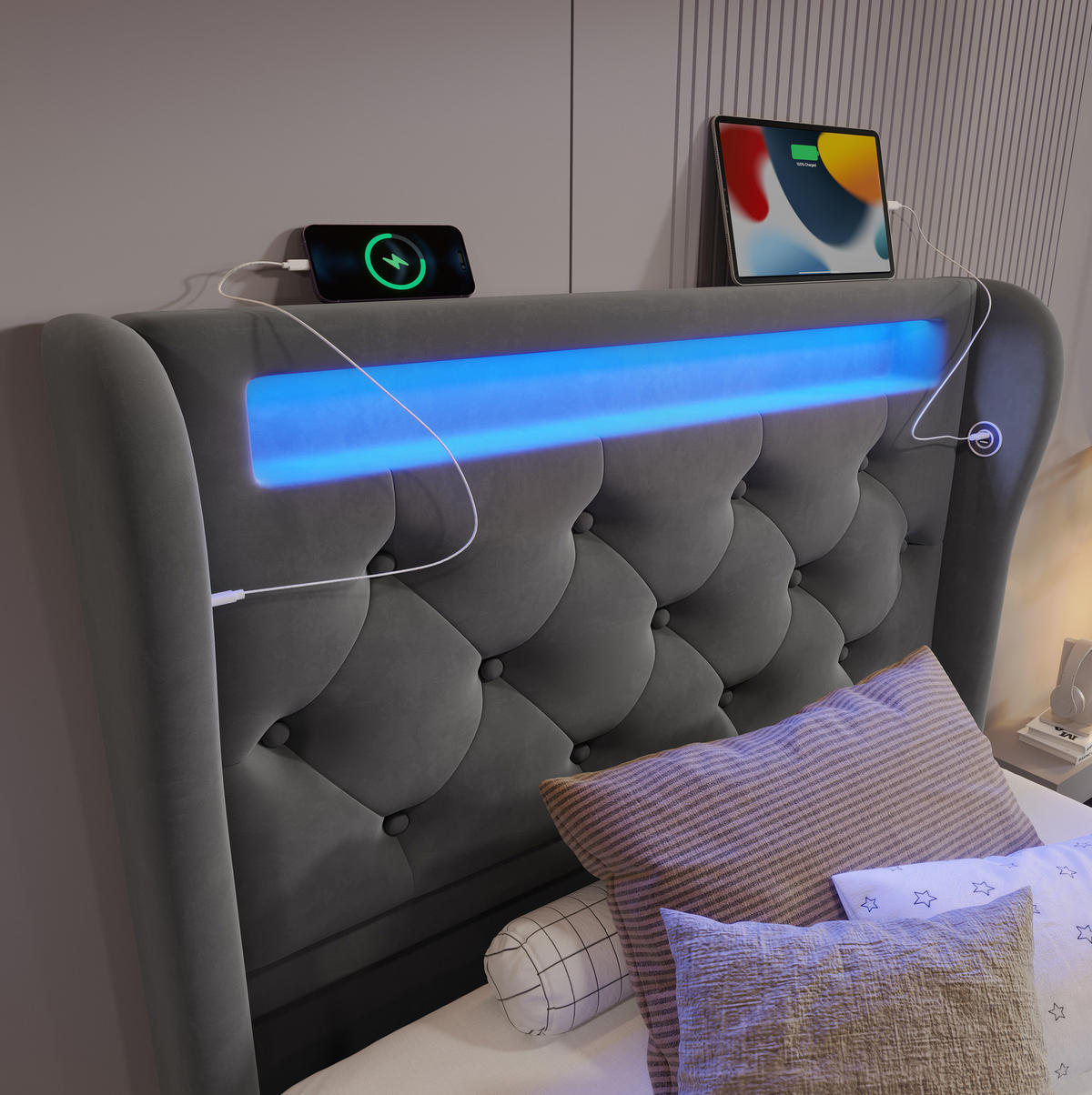 SAMT-POLSTERBETT 90/200 cm mit LED-Beleuchtung und Bettkasten, Grau - Grau, Textil (90/200cm) - BEAOK