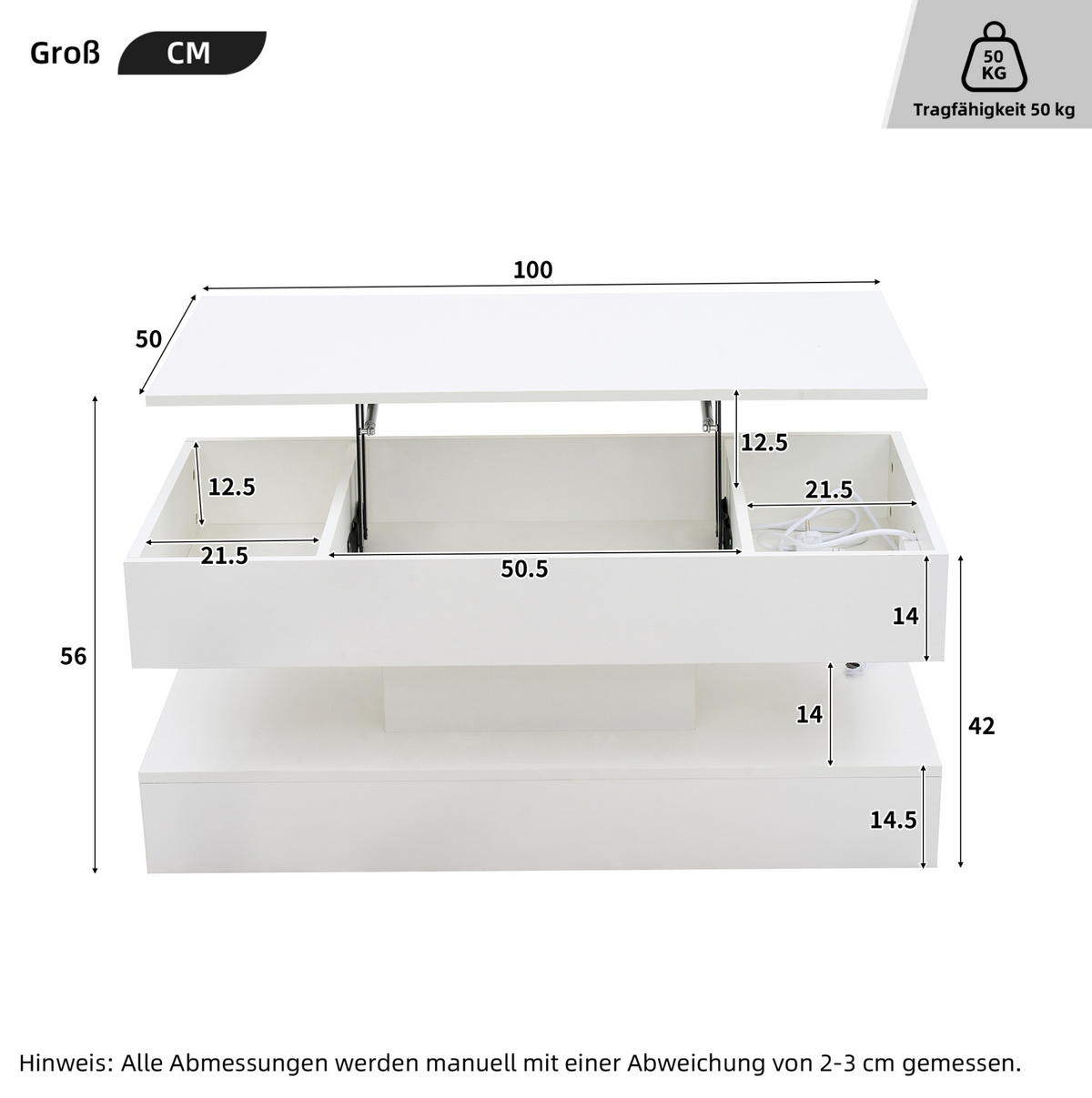 COUCHTISCH aus Spanplatte 100x50x42 cm in Weiß mit LED & Steckdosen - Weiß, Holzwerkstoff (50/100/42cm) - Modfu