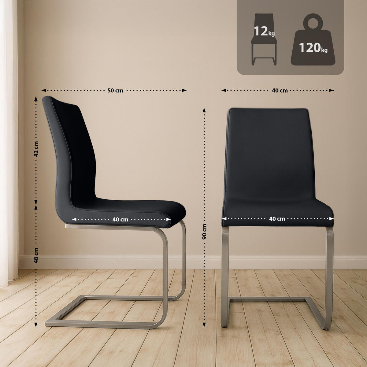 ESSZIMMERSTUHL Neram Kunstleder Schwarz Wohnzimmerstuhl - Schwarz, Leder (40/90/50cm) - DELUKE