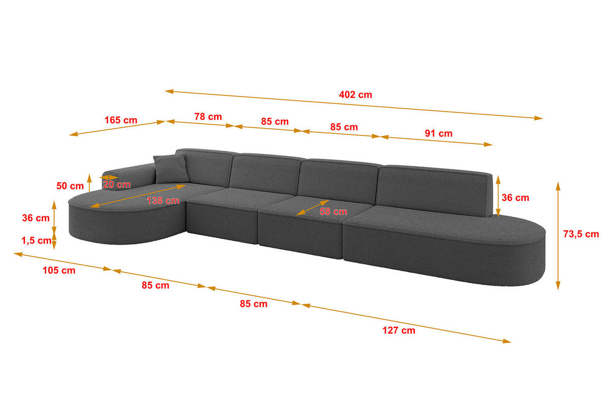 ECKSOFA Ottomane Links MARI-L3 - 402x163x73,5 cm Grau Bouclé - Schwarz/Grau, Holzwerkstoff/Kunststoff (165/406cm) - ALTDECOR