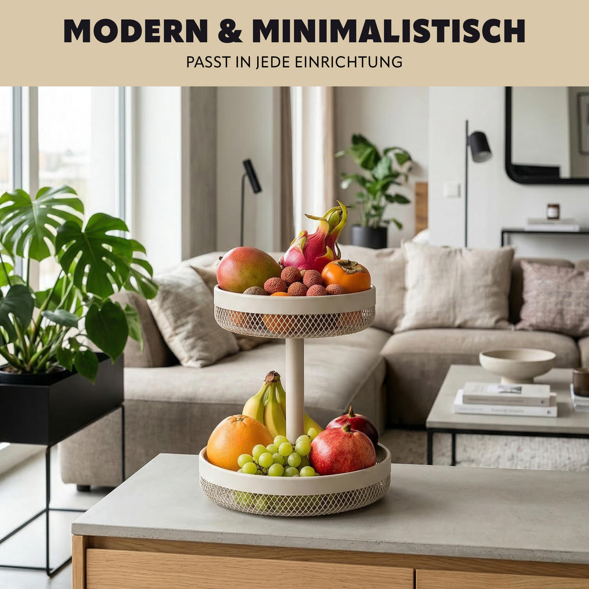 OBSTETAGERE, rund, 2-stöckig, Ø 20 cm und 25 cm, beige, Metall - Beige, Metall (25/31cm) - eluno