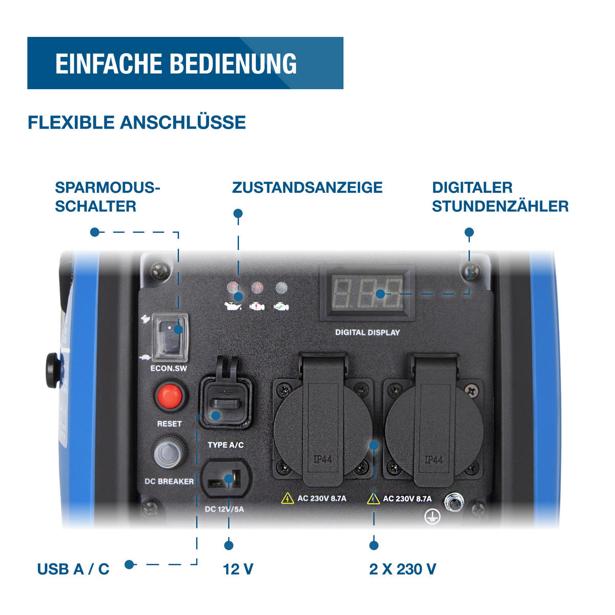 INVERTER-GENERATOR HY2300Si D (2.2 kW, tragbar, 2 x 230V + 1 x 12V, 1 x USB) - Blau, Metall (52/28/45cm) - HYUNDAI
