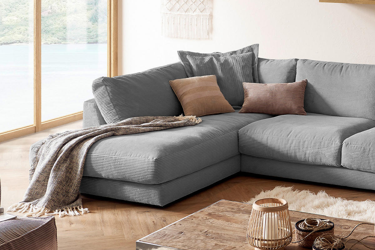 WOHNLANDSCHAFT MADELINE Grau Cord - Schwarz/Grau, Kunststoff/Textil (425/86/224cm) - KAWOLA