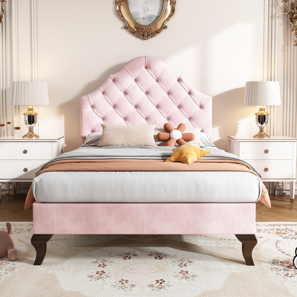 POLSTERBETT 90/200 cm mit Lattenrost und höhenverstellbarem Kopfteil aus Samt, klassische Knopfheftung, Rosa - Rosa, Textil (90/200cm) - Redom
