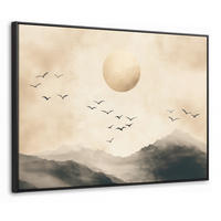 LEINWAND Bilder mit Rahmen - Landschaft - Japandi - Vogel - 100x70 - Beige, Textil (100/70cm) - MuchoWow