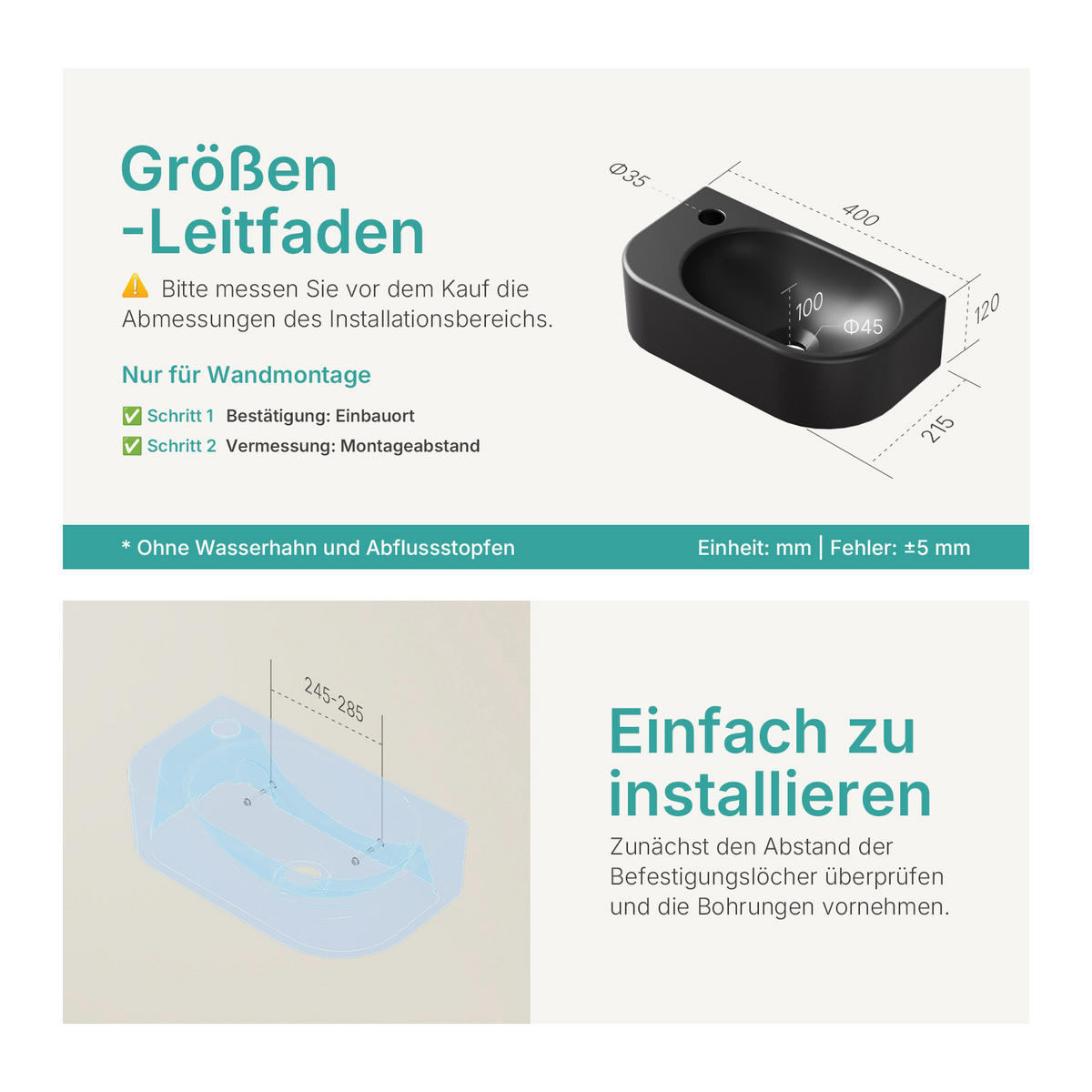 WASCHBECKEN Abgerundete Ecken Mit Hahnloch rechts Mattschwarz 40 / 21,5 / 12 cm - Schwarz, Keramik (21.5/12/40cm) - EMKE
