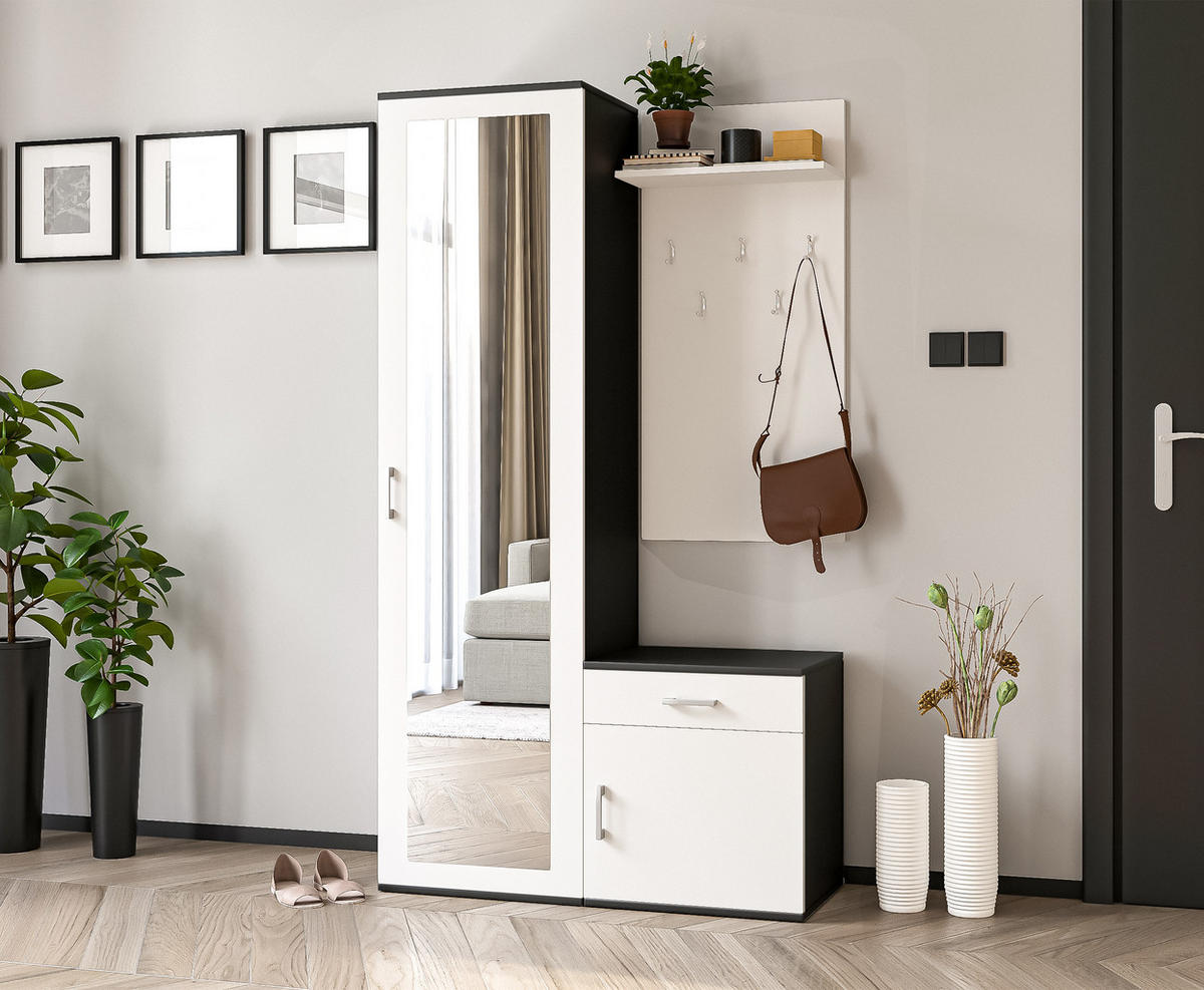 GARDEROBENSCHRANK Magnola Schwarz Weiß 100/180,5/35 cm – Modern, mit Spiegel und viel Stauraum - Schwarz/Weiß, Holzwerkstoff/Kunststoff (100/180.5/35cm) - AX Living
