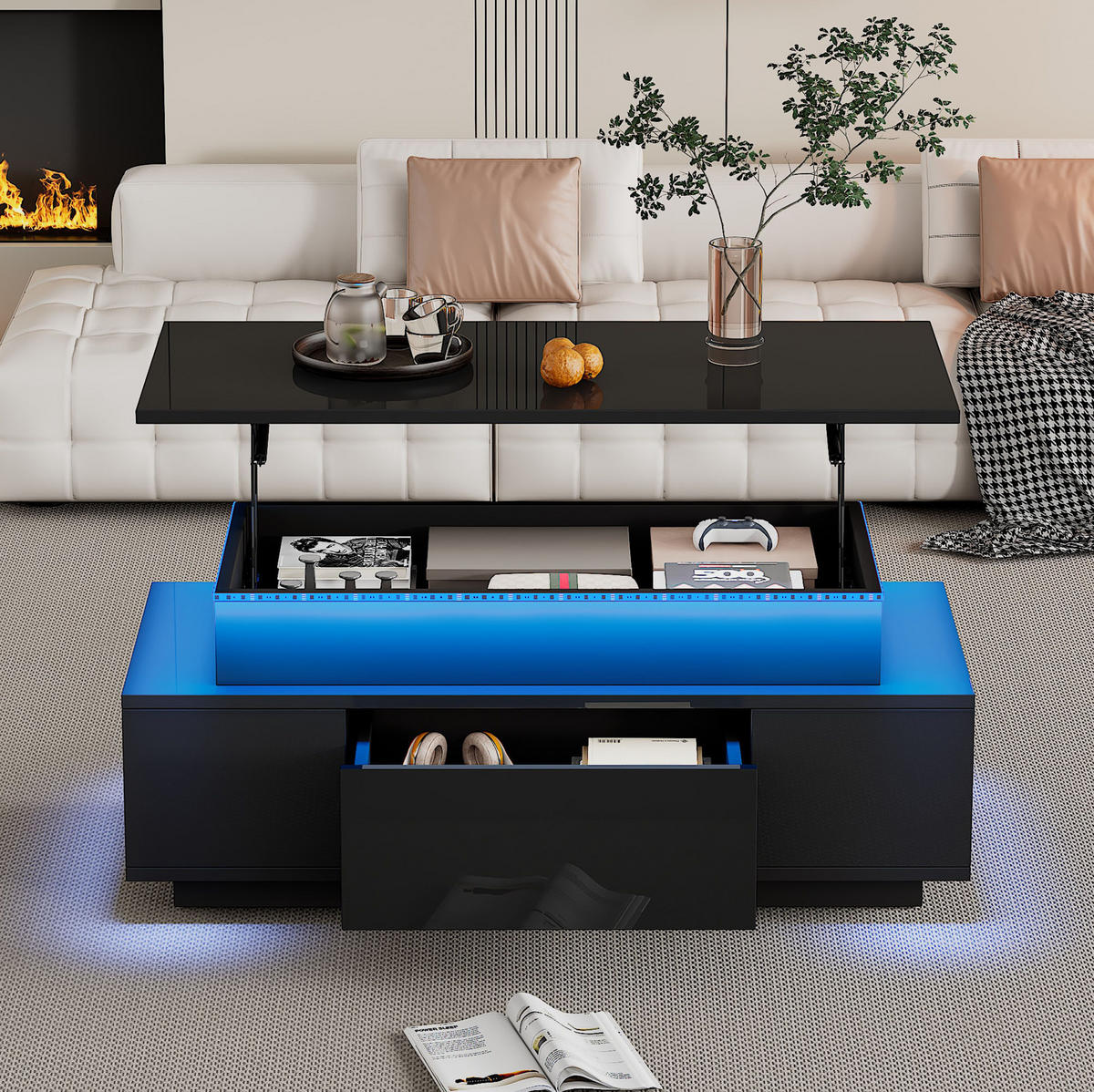 COUCHTISCH 96/45/40 cm in Schwarz mit LED-Beleuchtung und höhenverstellbarer Platte - Schwarz, Holzwerkstoff (96/45/40cm) - Flora Grace
