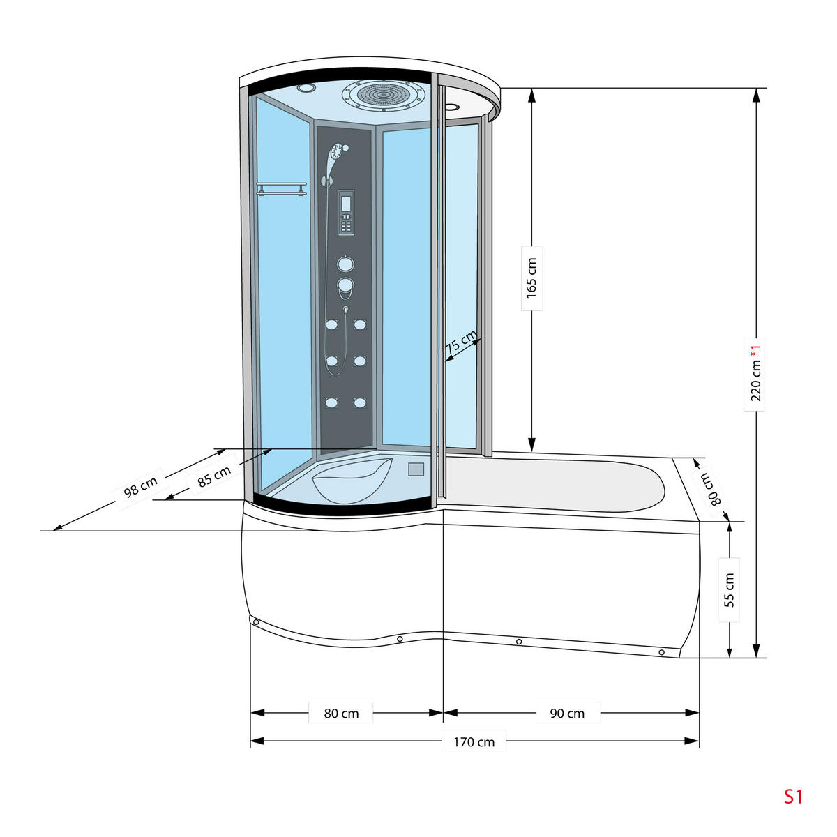 WHIRLPOOL Wanne Duschkabine sw K55-R33-WP-EC 100x1 - Schwarz, Glas/Kunststoff (170/220/98cm) - AcquaVapore by Sandra Jentho