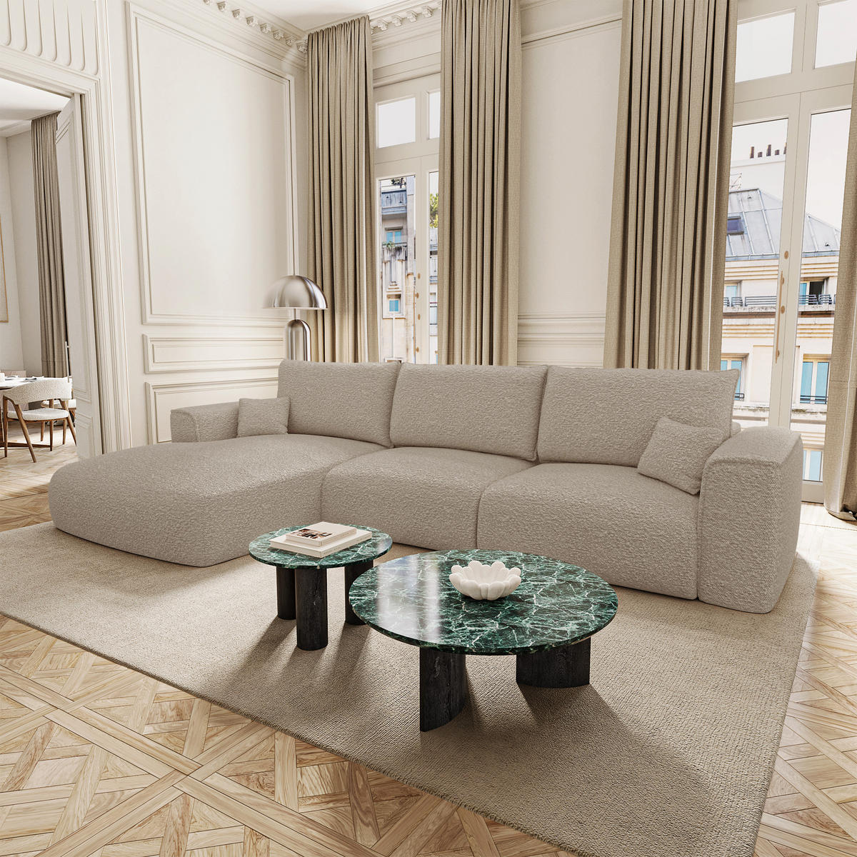 SCHLAFSOFA Express COMO Bouclé-Stoff Beige 300cm - Beige, Textil (300/165cm) - Premium Interiors