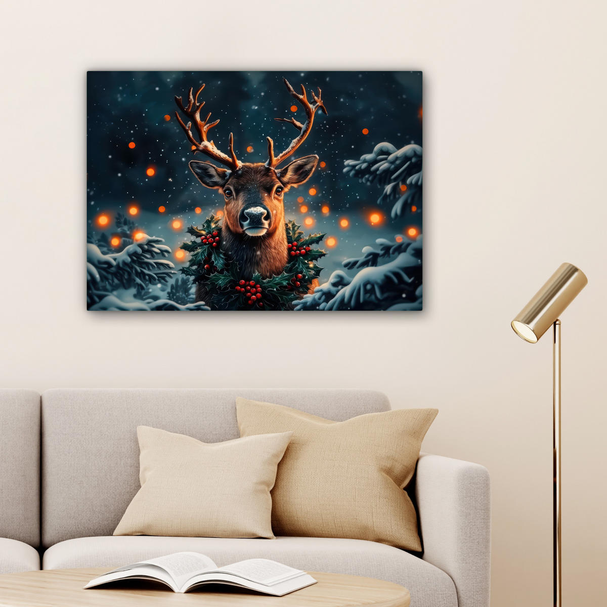 LEINWANDBILD Hirsch - Weihnachten - Winter - Schnee - Weihnachtskranz Wandbilder 80x60 cm - Dunkelbraun, Textil (80/60cm) - MuchoWow