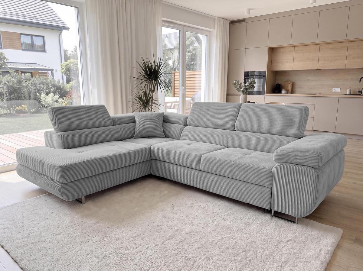 ECKSOFA L Form Konak Hellgrau 276/201/90 cm Links mit Schlaffunktion - Silberfarben/Hellgrau, Textil/Metall (203/276cm) - AX Living