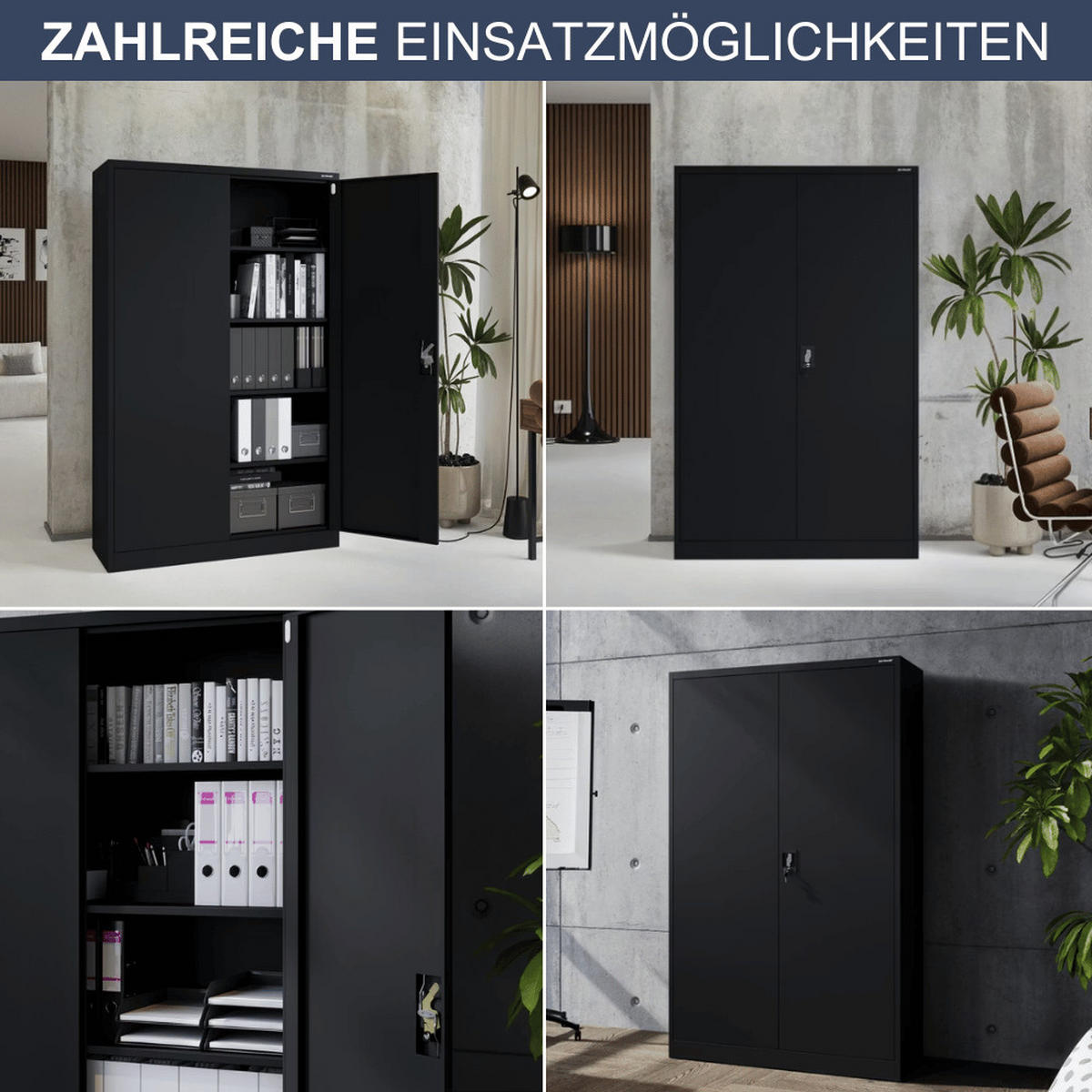 AKTENSCHRANK abschließbar KADO mit Flügeltüren 185x115x40cm Schwarz - Schwarz, Metall (115/185/40cm) - DELUKE