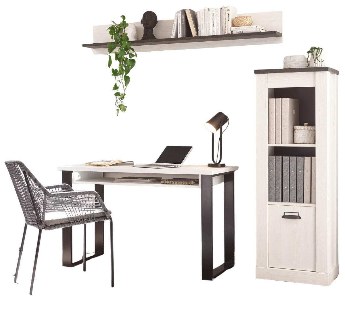 BÜROMÖBEL-SET weiß Pinie, anthrazit Landhaus mit Aktenregal, Wandregal - Anthrazit/Weiß, Holzwerkstoff (60/190/200cm) - Furn.Design