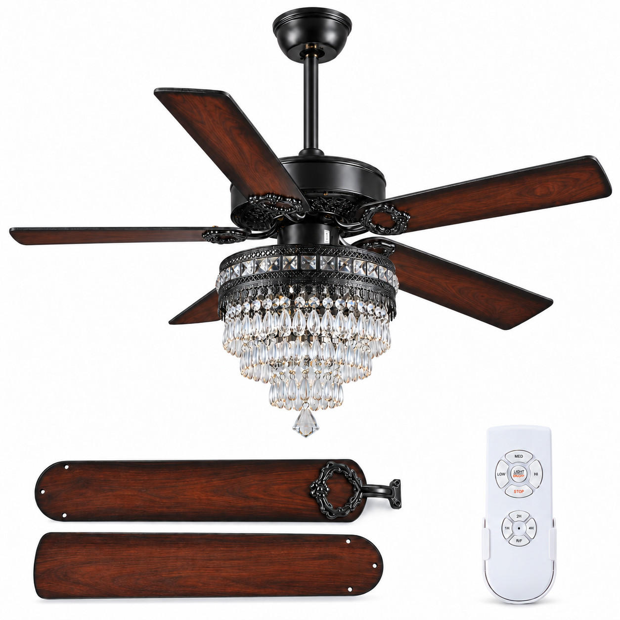 DECKENVENTILATOR Schwarz 132 cm mit Kristallleuchte und Fernbedienung - Schwarz, Metall (157.5/157.5/64.5cm) - Surtime