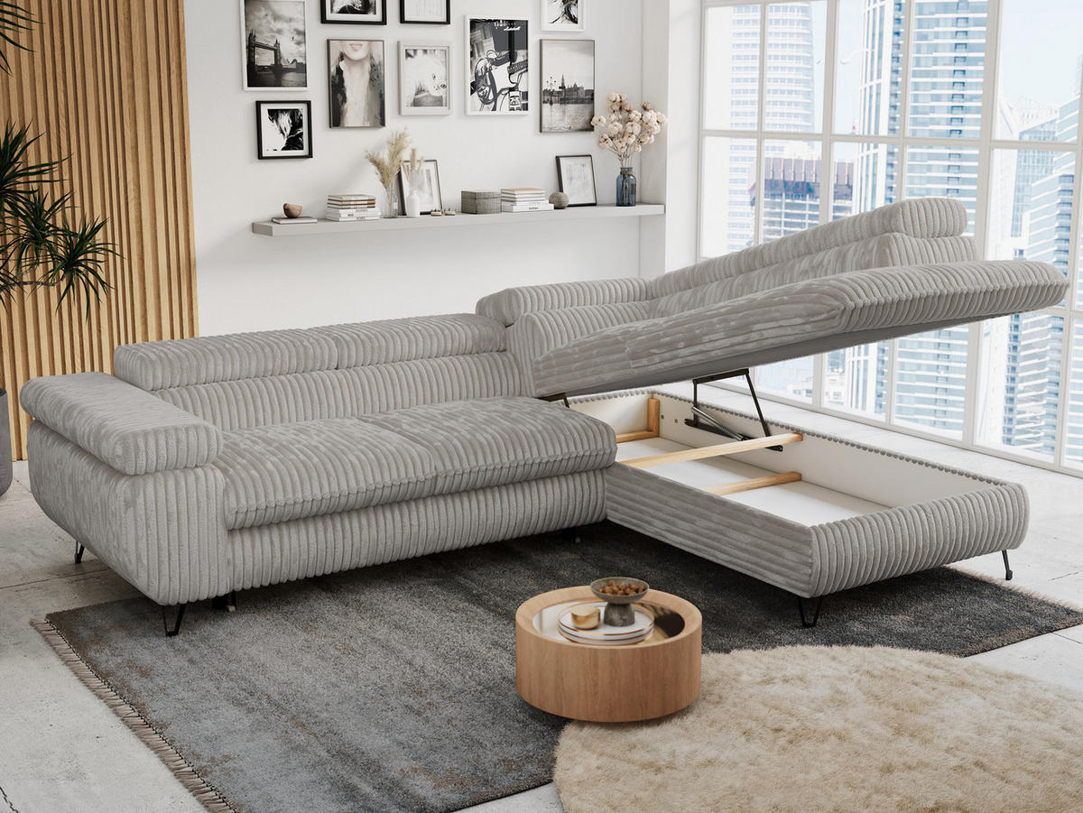 ECKSOFA PETER L Hellgrau Cord - Rechts Seite - Hellgrau/Schwarz, Textil/Metall (273/208cm) - MKS
