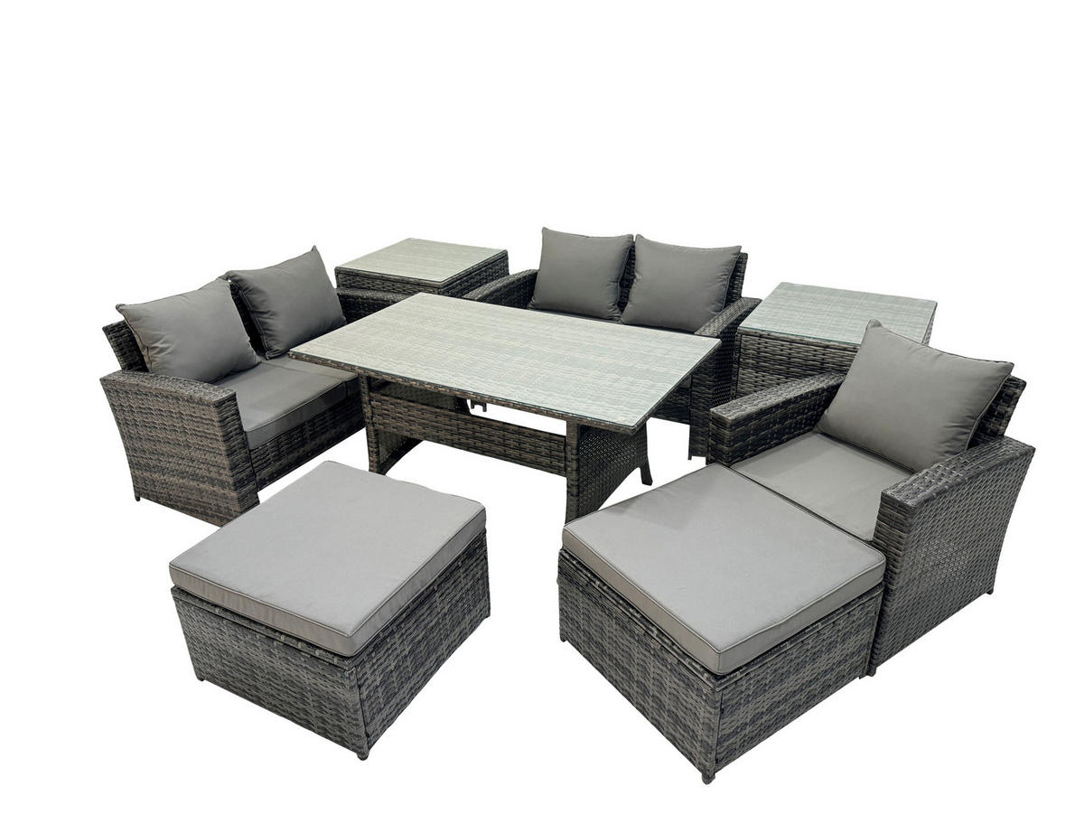 BALKONMÖBEL-SETS mit 2-Sitzer Sofa,2 große Fußhocker,Esstisch,2 Beistelltischen Polyrattan Dunkelgrau 7-Sitzer - Dunkelgrau/Grau, Glas/Kunststoff - Fimous