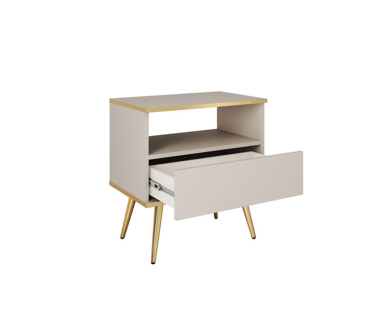 NACHTTISCH Beige - S-54, Hochglanz, Schubladen Push-to-Open 54x39x59 cm Beige/Gold - Beige/Goldfarben, Holzwerkstoff/Kunststoff (54/59/39cm) - DomoHome