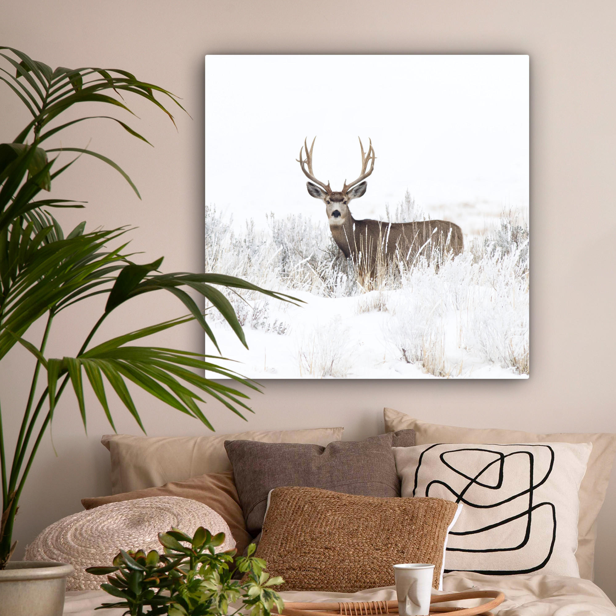 LEINWANDBILD Hirsche - Winter - Schnee - Tiere - Jahreszeiten - Weiß 90x90 cm - Hellbraun, Textil (90/90cm) - MuchoWow