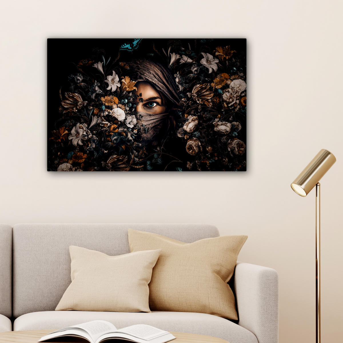 LEINWANDBILD Frau - Luxus - Blumen - Schmetterling - Porträt Gemälde 60x40 cm - Schwarz, Textil (60/40cm) - MuchoWow