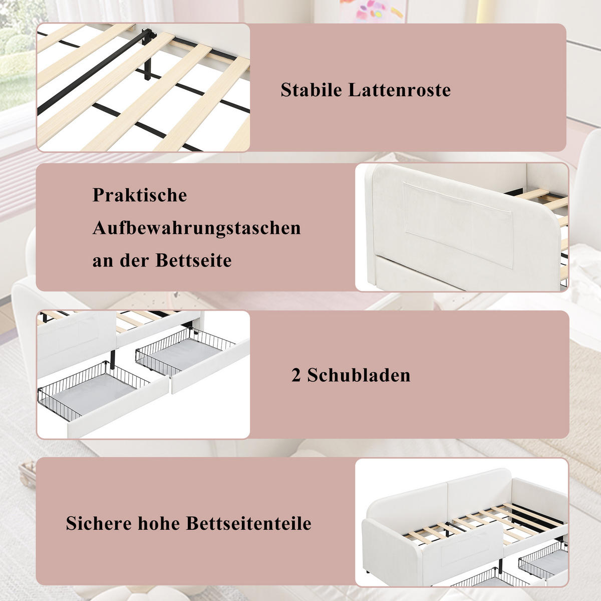 KINDERBETT 90/200 cm in Weiß mit 2 Schubladen und Taschen Samt - Weiß, Holzwerkstoff/Textil (90/200cm) - CHICFURN