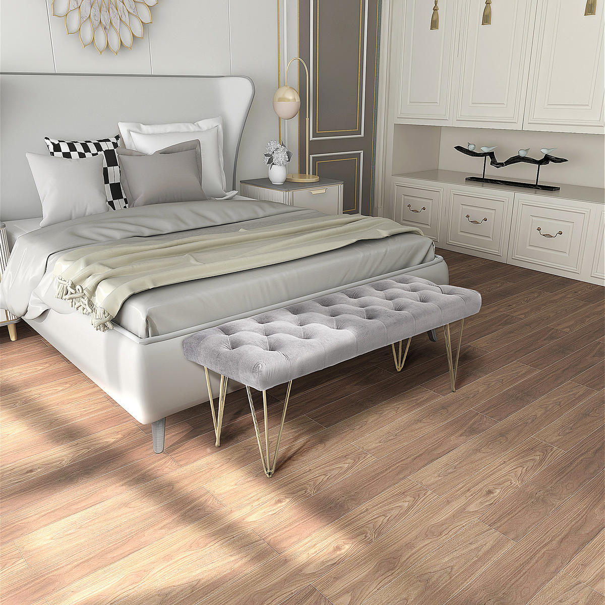 SCHUHBANK mit Samtoptik, für Schlafzimmer, Wohnzimmer, Flur, Metall, Grau - Grau, Kunststoff (445/49/116cm) - HOMCOM