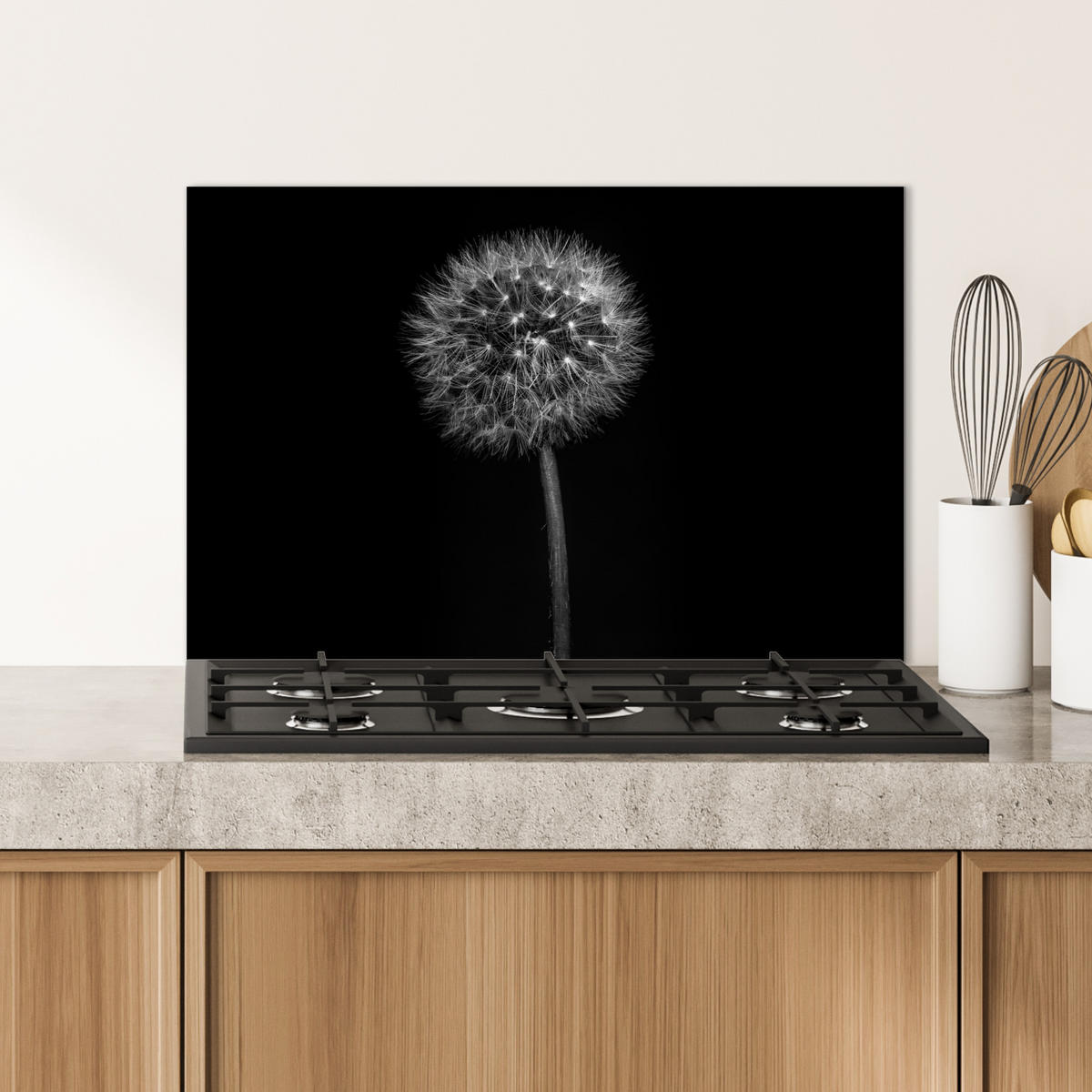 SPRITZSCHUTZ KÜCHE Löwenzahn - Schwarz - Floral - Botanisch 60x40 cm - Grau, Metall (60/0.3/40cm) - MuchoWow