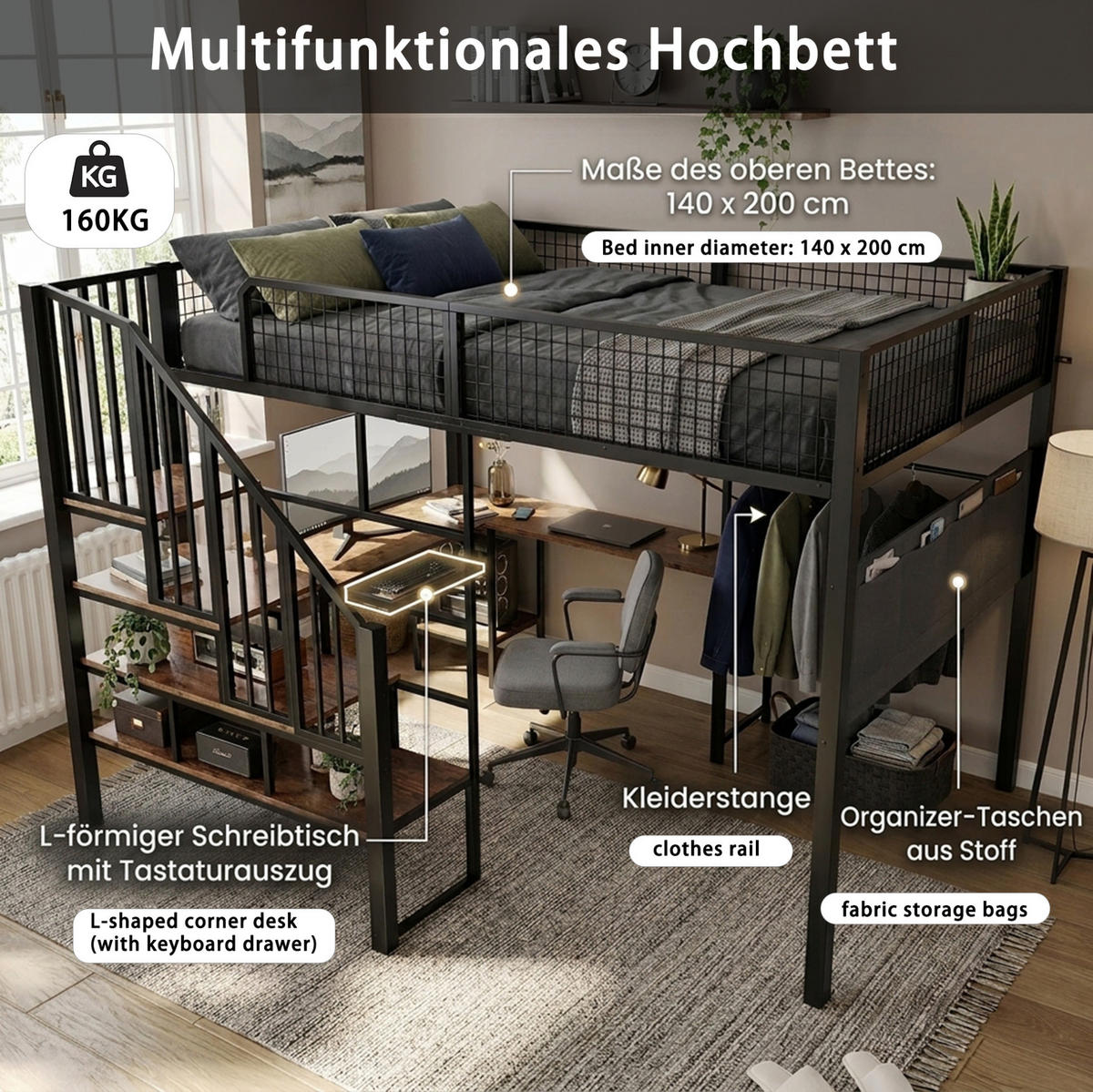 HOCHBETT aus Metall und Holz 140x200 cm Schwarz/Vintage mit Eckschreibtisch, Treppe und Ladeanschluss - Schwarz, Metall (140/200cm) - Modfu