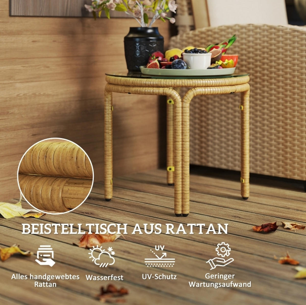 BEISTELLTISCH 50/50/44 cm mit Sicherheitsglasplatte und wetterbeständigem Gestell aus PE-Rattan, Gelb - Gelb, Glas (50/50/44cm) - Redom