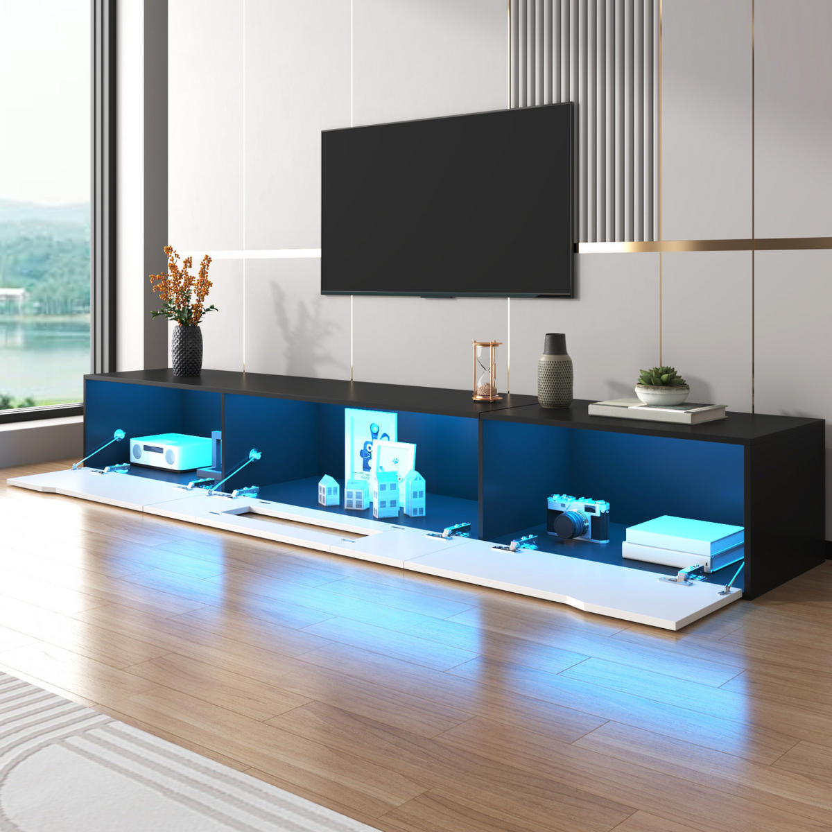 TV Lowboard LED 180 cm, Wandmontage, Schwarz Weiß - Schwarz, Holz (180/30/35cm)