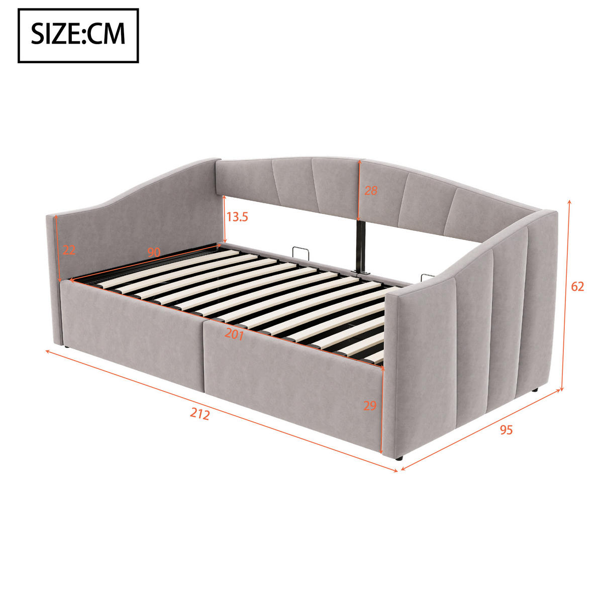 SCHLAFSOFA aus Samt 90x200 cm Hellgrau mit hydraulischem Stauraum und Lattenrost - Hellgrau, Textil (90/200cm) - IVMEU