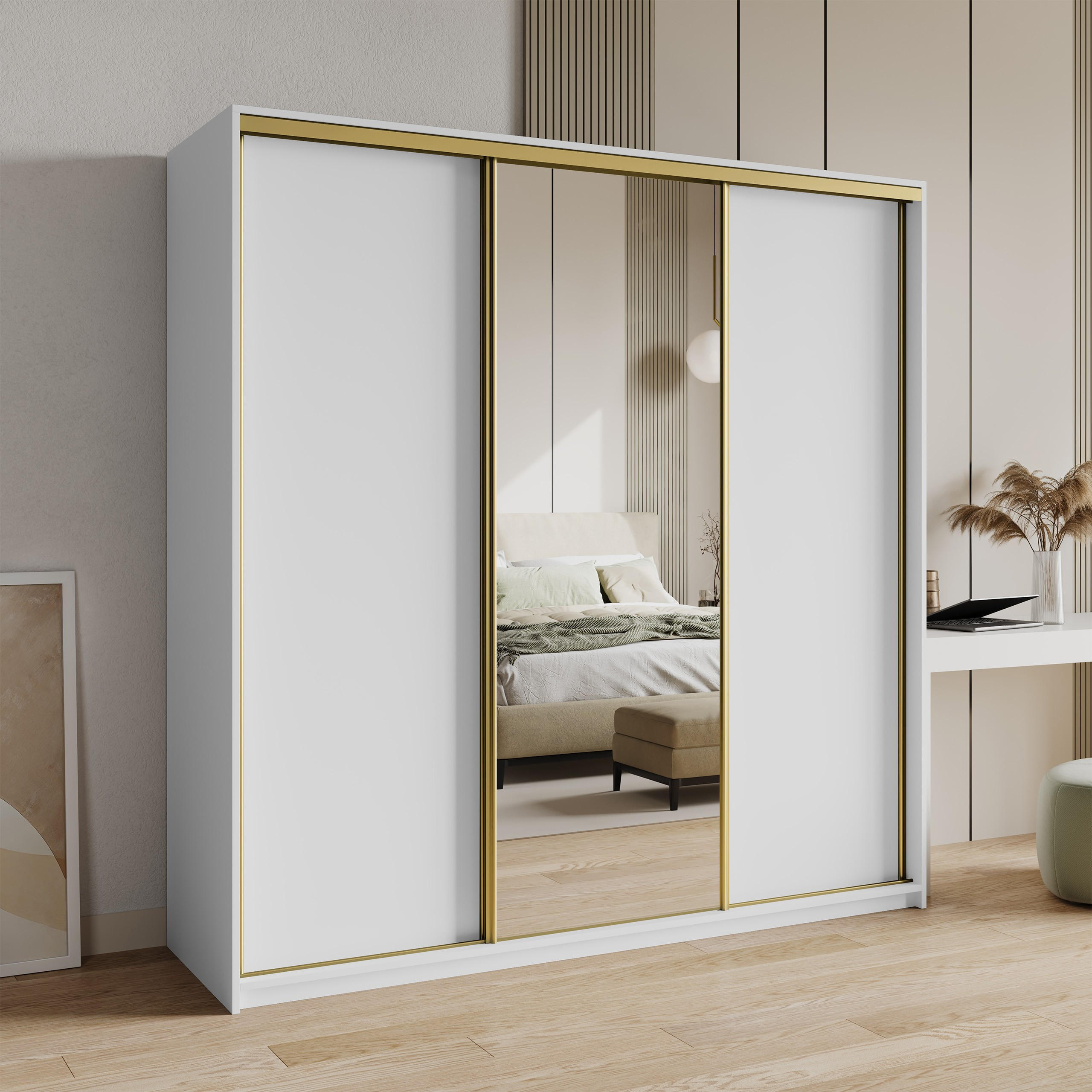SCHWEBETÜRENSCHRANK TAVI 180/205/60 cm 3-türig mit Spiegel und Schubladen Weiß - Goldfarben/Weiß, Holzwerkstoff (180/205/60cm) - MASSENO