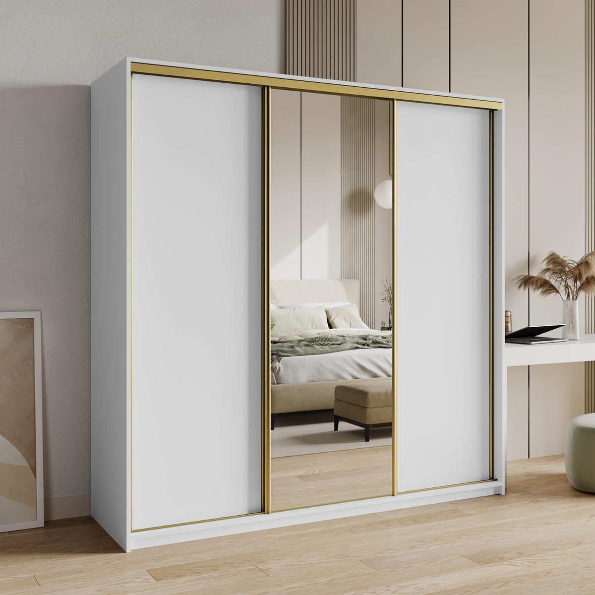 SCHWEBETÜRENSCHRANK TAVI 180/205/60 cm 3-türig mit Spiegel und Schubladen Weiß - Goldfarben/Weiß, Holzwerkstoff (180/205/60cm) - MASSENO